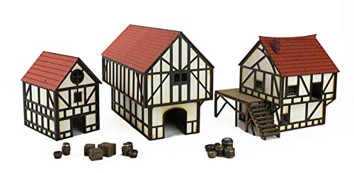 War World Gaming Medieval Town - Casa de Ciudad, Campo y Granero Medievales con Accesorios en Resina (Pintada/Sin Pintar) – 28mm Wargaming Maquetas Dioramas