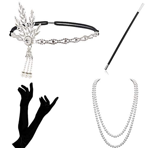 WENTS 1920 Conjunto de Accesorios de Disfraces años 20 Flapper Costume Dress Gran Gatsby Accessories Vintage Diadema Largos Guantes de satén Negros Collar de Perlas para Mujeres, señoras