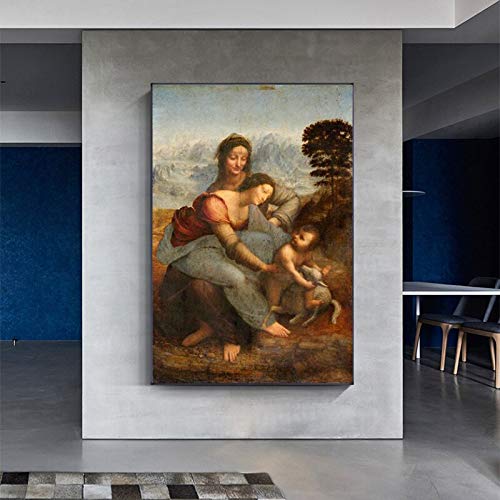 wZUN Reproducción de Lienzo de la Virgen y el Niño y Santa Ana, murales Famosos para decoración del hogar, Impresiones 60X90 Sin Marco