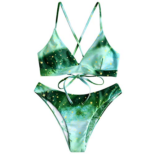ZAFUL - Traje de baño acolchado para mujer, en diseño de galaxia, con tirantes, juego de bikini verde amarillento S