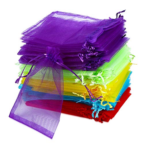 100 bolsas de organza pequeñas de 10 x 15 cm, Vegena, pequeñas bolsas de organza, con cordón, 5 colores para joyas, bodas, regalos, fiestas