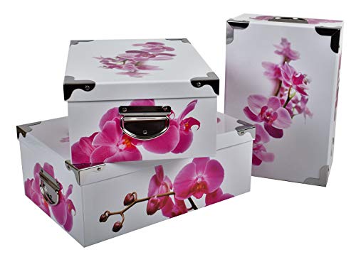 2J Orquídea 3 Paquetes de Cajas de cartón Impreso con ángulos y Asas de Metal. Tamaños : 31.5x22x12, 33.5x23x13, 36x25x13.5 cm