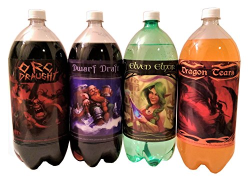4 etiquetas para botellas de soda para fiestas temáticas de fantasía. Juego de pegatinas de 17,78 x 15,24 cm con un orco, enano, elfo y dragón.