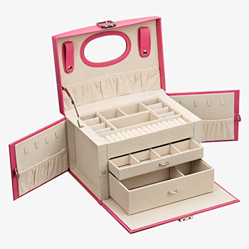 ADEL DREAM Joyero con 2 cajones, organizador de joyas con espejo, caja de viaje extraíble para anillos, pulseras, pendientes, forro de terciopelo (rosa rojo)