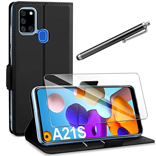 AROYI Funda para Samsung Galaxy A21s + cristal de alta definición + lápiz táctil + piel sintética para Samsung Galaxy A11 con función atril y ranura para tarjeta para Samsung Galaxy A21s, color negro
