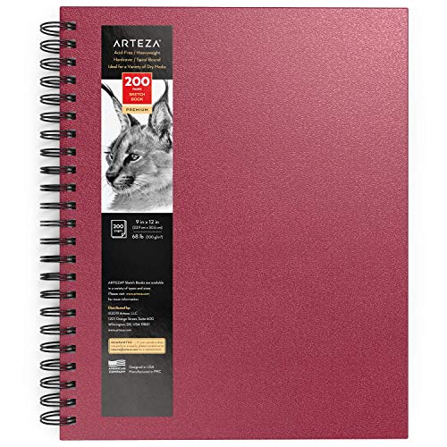 Arteza Cuaderno de dibujo, 9x12” (22,8 x 30,4 cm), bloc de dibujo, 100 hojas, papel grueso 100 GSM, tapa dura color rosa, espiral, para lápices de colores y grafito, carbón, bolígrafo y medios secos