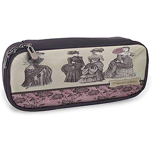 Bolso de lápices Victoriano Hermoso patrón Ropa de mujer Historia de la moda Vestido Bolso Guantes de plumas Diseño floral Estampado Gris Rosa