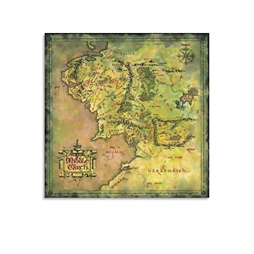 BUJI Póster de mapa de la Tierra Media de El Señor de los Anillos, lienzo para decoración de la habitación, regalo de 40 x 40 cm