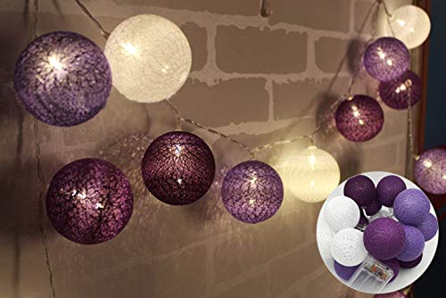 Cadena de luces con bolas de algodón, funciona con pilas, 3,3 m, 20 bolas LED, para interior o pared, iluminación de Navidad, decoración para bodas, habitaciones, hogar, fiestas (morado)