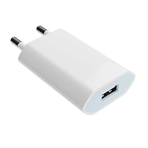Cargador Enchufe USB para Smartphone y Tablet - USB Adaptador 5V / 1A - Charger para Apple iPad, iPhone, Samsung Galaxy, Huawei - Blanco