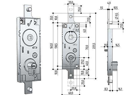 Cerradura para basculante/garaje cilindro de perfil europeo entre ejes 70 mm, llaves perforadas, mango no incluido