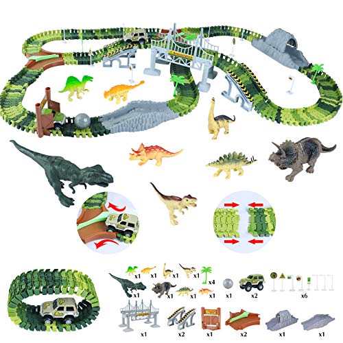 Coches de Dinosaurios Juguetes-264 Piezas Flexibles Circuito de Aventuras Incluyen 8 Figuras de Juego de Dinosaurios 2 Vehículo para Niños 3 4 5 6 Años