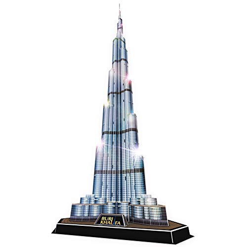CubicFun Puzzle 3D Dubai Burj Khalifa 146cm Altura Arquitectura Kits de Modelo Edificio, Edición Nocturna con Luces Multicolores, 136 Piezas