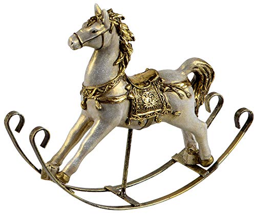 dekojohnson Figura decorativa nostálgica de caballo balancín vintage, color dorado antiguo sobre columpios de metal, 25 cm
