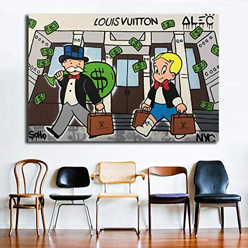 Dibujos animados Impresión Lienzo Graffiti Decoración para el hogar Arte de la pared Alec Monopoly Pintura Dinero Póster Imagen moderna del dólar Sala de estar 50X70cm 20x28 pulgadas Sin marco