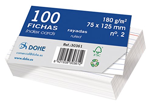 Dohe 30361 - Pack de 100 fichas rayadas de cartulina blanca, 180 g, nº 2, 75 x 125 mm