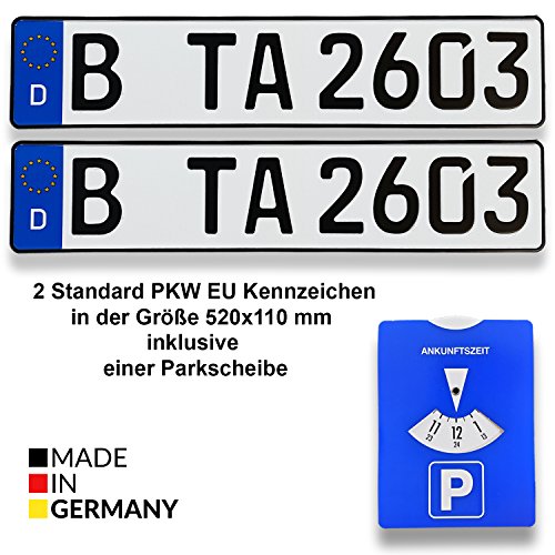Dos matrículas europeas de coche estándar, tamaño 520 x 110 mm, con disco de aparcamiento