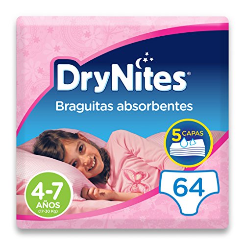 DryNites - Braguitas absorbentes para niña - 4 - 7 años (17-30 kg), 4 paquetes x 16 uds (64 unidades)