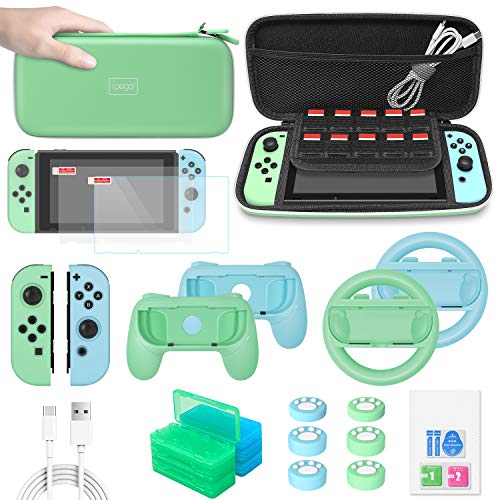 FASTSNAIL - Juego de accesorios para interruptor de Nintendo Switch con funda de almacenamiento y protector de pantalla, empuñaduras y volantes, color verde