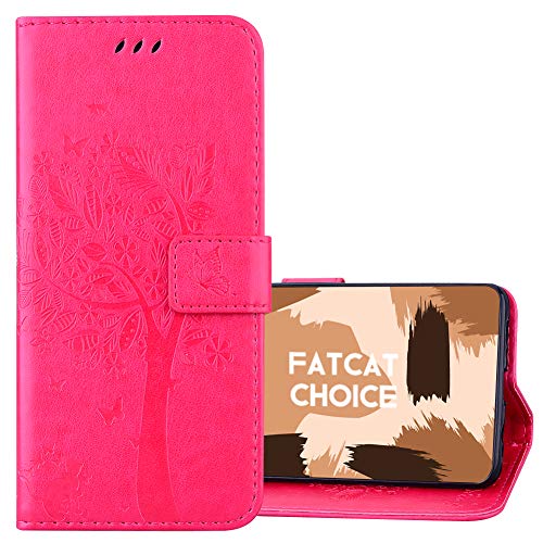 FatcatChoice Funda para Samsung Galaxy M31S,Carcasa de Tipo Libro con Ranuras para Tarjetas de Soporte y Solapa Cubierta Carcasa Protectora Cartera Soporte Función Case (Rosa Roja)