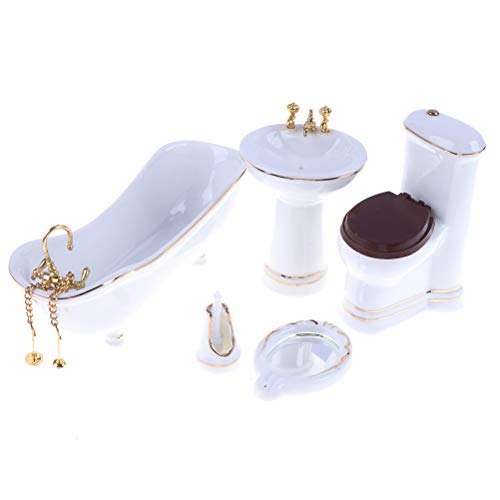 FDSIOXKF Juego de 5 piezas de baño de casa de muñecas 1:12 casa de muñecas miniatura de porcelana juego de baño de inodoro, lavabo bañera espejo
