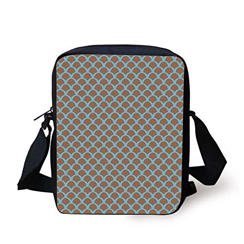 Fish,Squama Pattern with Intertwined Half Circles Aquatic Animal and Snake Scale Design,Tan Pale Blue Print Kids Crossbody Messenger Bag Purse