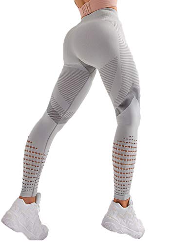 FITTOO Leggings Sin Costuras Corte de Malla Mujer Pantalon Deportivo Alta Cintura Yoga Elásticos Fitness Seamless #4 Gris Small