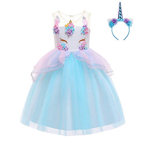 FONLAM Vestido de Fiesta Princesa Niña Bebé Disfraz de Unicornio Ceremonia Cumpleaños Vestido Infantil Flores Carnaval Niña Cosplay (Azul, 3 Años)