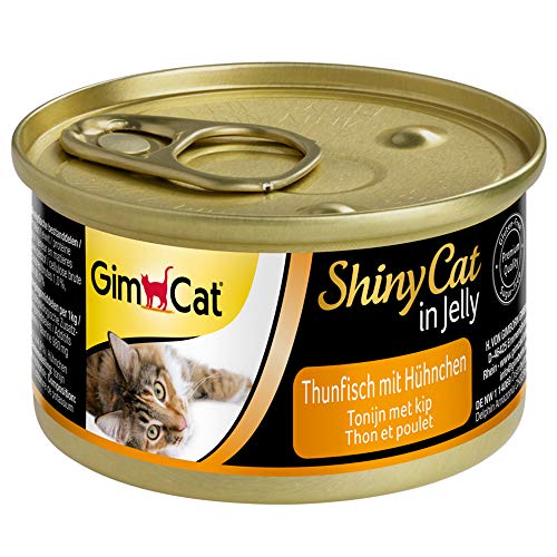 GimCat ShinyCat in Jelly, atún con pollo - Alimento húmedo para gatos, con pescado y taurina - 24 latas (24 x 70 g)