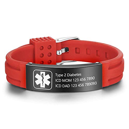 Grand Made Pulseras personalizadas de id médica de alerta de 9" Pulsera de silicona ajustable para deportes de emergencia para hombres Mujeres Pulsera impermeable para mujer (Red & Black)