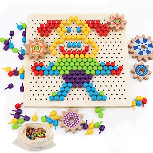 Herefun Tablero de Mosaicos Infantiles, 250 Piezas Mosaicos Botones, Rompecabezas Niños de Uñas Setas, Puzzle Mosaico Juguete Madera Educativo Temprano para Niños y Bebés (A)