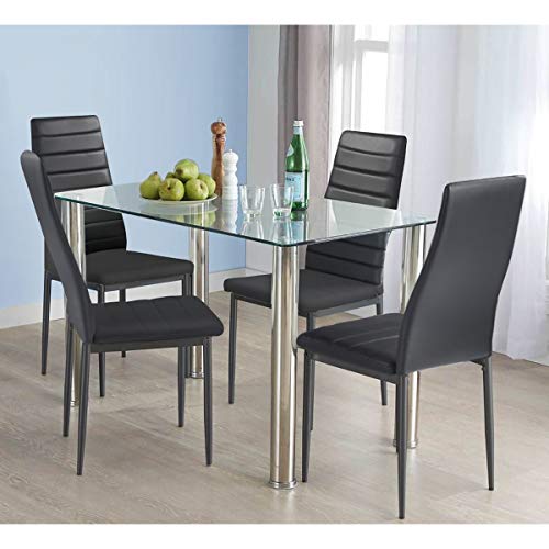 HOMYCASA - Juego de 5 sillas y mesa de comedor de cristal y 4 sillas acolchadas, juego de muebles de cocina y comedor, color negro