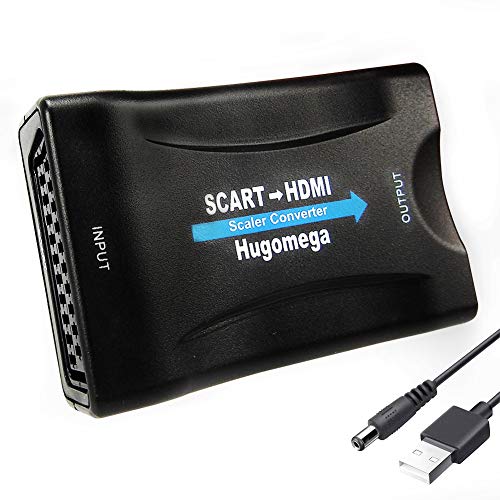 Hugomega Convertidor de SCART a HDMI, adaptador convertidor de audio de vídeo escalador compatible con salida HDMI 720P/1080P para monitor HDTV, proyector STB VHS Xbox PS1 PS2 Sky Blu-ray DVD Player