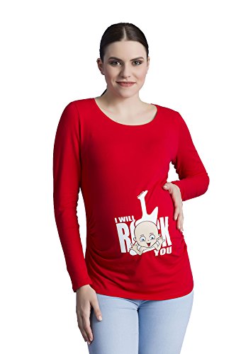 I Will Rock You - Camiseta Divertido Estampada de Manga Larga Premamá para Mujer Embarazo Lactancia T-Shirt (Rojo, Medium)