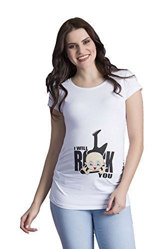 I Will Rock You - Ropa premamá Divertida y Adorable, Camiseta con Estampado, Regalo Durante el Embarazo, Manga Corta (Blanco, Large)