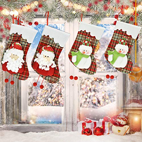 IGRMVIN 4 PCS Medias de Navidad Decorativas Calcetines Decoración Navideña con Bordado de Papá Noel y Muñeco de Nieve Medias Colgantes para Navidad Christmas Stocking para Rellenar Caramelos Regalos