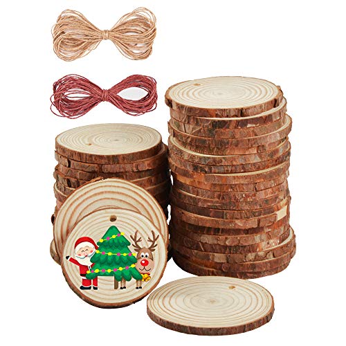 Ipow [35PCS] Rodajas de madera círculos 6-7cm grande con agujero, Discos madera llavero con cuerda de yute de 10 m + 10 m papel roja para Navidad Fiestas Bricolaje Tarjeta de lugar de boda