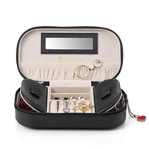 Joyero de viaje pequeño portátil de cuero sintético de Vlando Joyero organizador Caja para guardar anillos y collares con espejo, negro, negro
