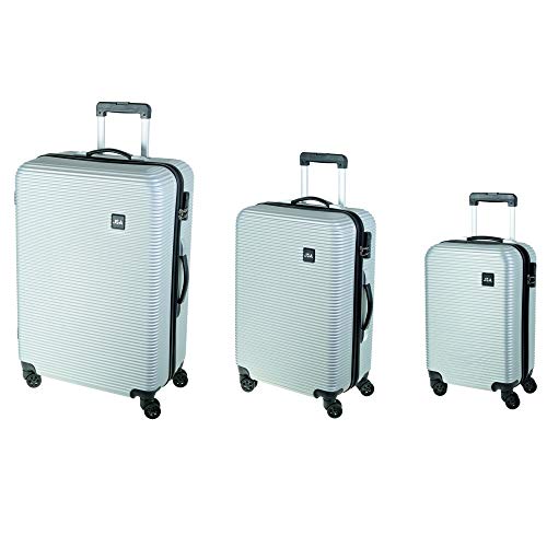 JSA 45600 - Juego de 3 Maletas de Viaje con Posibilidad de Plegado a Ambos Lados, maletín de plástico ABS, Maleta con 4 Ruedas Dobles de 360°, Color Plateado