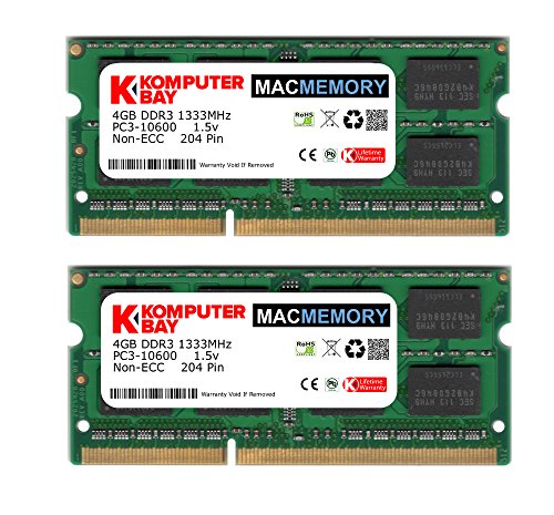 Juego de 2 módulos de memoria RAM SODIMM DDR3 7 7 7 20 PC3 8500 204 para Apple, 1.066 MHz, 2 x 2 GB, de la marca Komputerbay MACMEMORY 8GB 2X 4GB 1333MHz