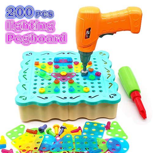 Juguetes Montessori Puzzle 3D DIY 200 Piezas Rompecabezas Bloques Construccion con Taladro de Juguete y 12 Luces LED Juegos Educativos Regalos para Niños 3 4 5 6 Años