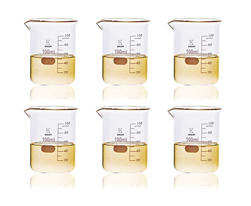 KENZIUM - Pack 6 x Vasos de Precipitados, de 100 ml | Vidrio Borosilicato 3.3, Forma Baja, Graduados, de Cristal con Boquilla, Para Líquidos, Alta Resistencia, Autoclavables, Vasos Medidores