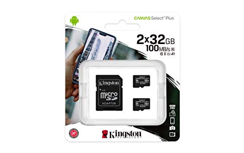 Kingston Canvas Select Plus Tarjeta microSD, SDCS2/32GB-2P1A Class 10 (2X Tarjetas,SD con Adaptador SD)