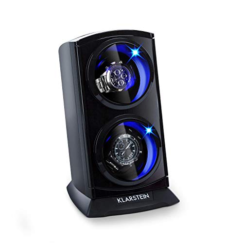 KLARSTEIN St. Gallen Premium Estuche Giratorio para 2 Relojes - 4 velocidades, Rotación bidireccional, Cojines Revestimiento Terciopelo, Tapa Transparente Vidrio acrílico, LED Azul, Negro