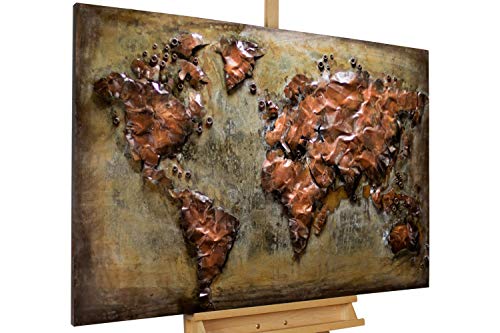 Kunstloft Extravagante Relieve de Pared de Metal Metal Map' 120x80x4cm | Decoración XXL Escultura | Mapa del Mundo Mapa Tierra Continente Mapa | Cuadro Hecho a Mano Imagen Mural de Arte Moderno