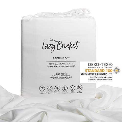 Lazy Cricket Juego de Sábanas de Bambú 100% Lyocell de Bambú Orgánico: Funda Nórdica, Sábana Ajustable y Fundas de Almohada - Cama 180x200, Blanco