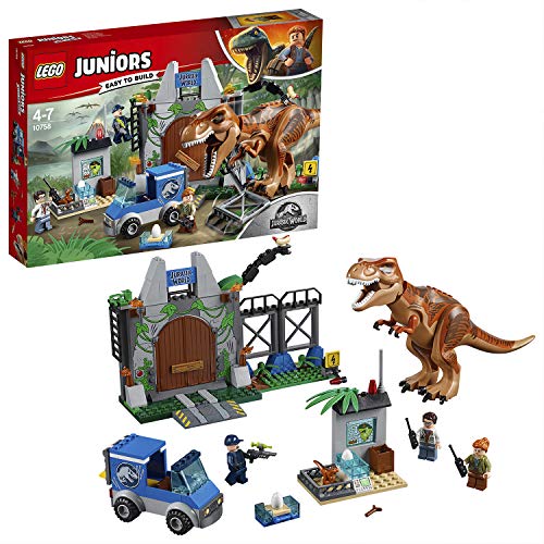 LEGO Juniors - Fuga del T Rex, Set de Construcción de Juguete de Dinosaurio con Muñeco del Tiranosaurio y Minifiguras para Niños y Niñas (10758)