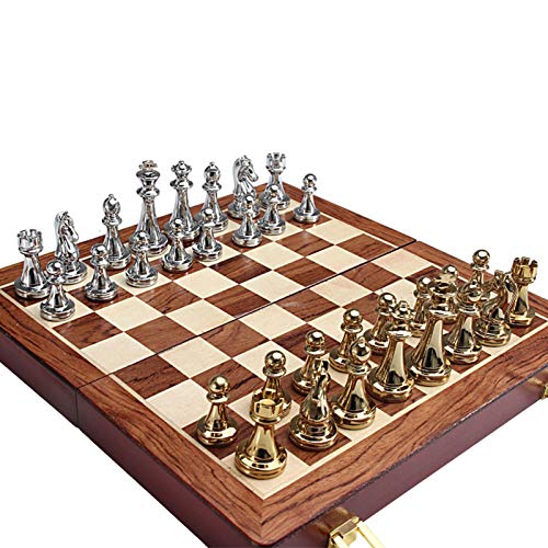 lossomly Juego de ajedrez de madera con figuras de ajedrez de metal, 12 pulgadas, portátil, hecho a mano, tradicional, con piezas de juego, para principiantes, niños y adultos