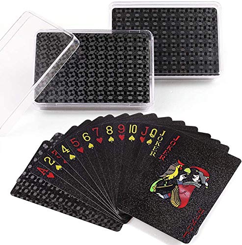 LotFancy Baraja Poker Plastico Negro 2 Cubiertas Impermeable Playing Cards Profesional con Caja Plástico, Índice Estándar Tamaño del Puente(5,7cm x 8,8cm) para Magic, Trucos