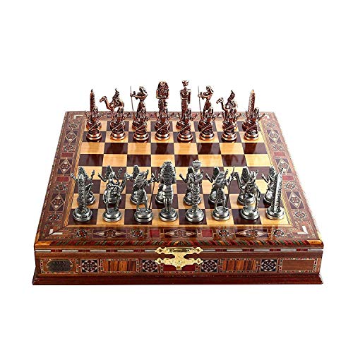 LXX Ajedrez Figuras de Cobre Antiguas Juego de ajedrez de Metal para Piezas Hechas a Mano de Almacenamiento de Tablero de ajedrez de Madera sólido Natural Dentro de King 9 cm Set de ajedrez